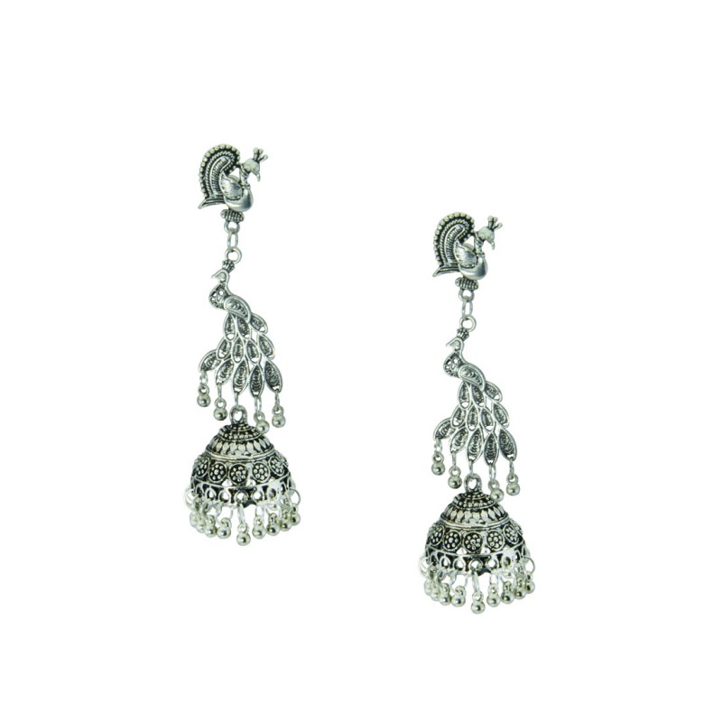 Designer Silver Plated Earring In Peacock Shape