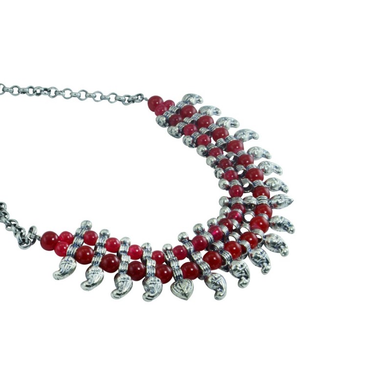 Silver Plated Designer Neckpiece With Red Pearls