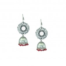 Oxidized Mirror Jhumkis With Red Pearl