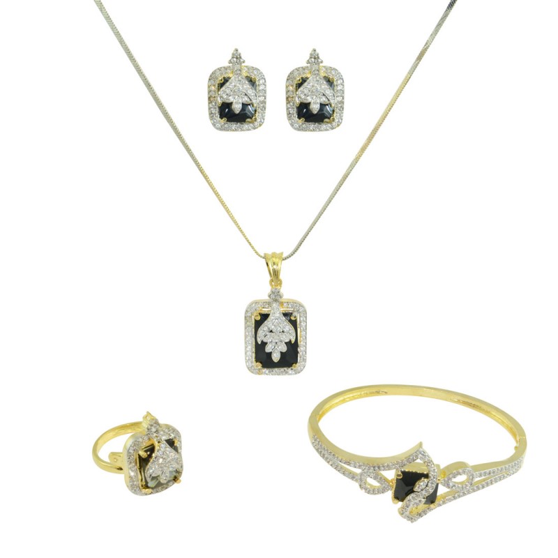 Designer Gold Plated AD Studded Pendant Set In Black Color