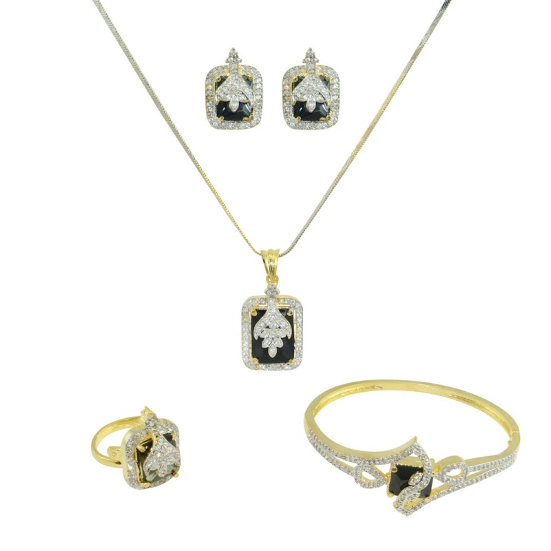 Designer Gold Plated AD Studded Pendant Set In Black Color