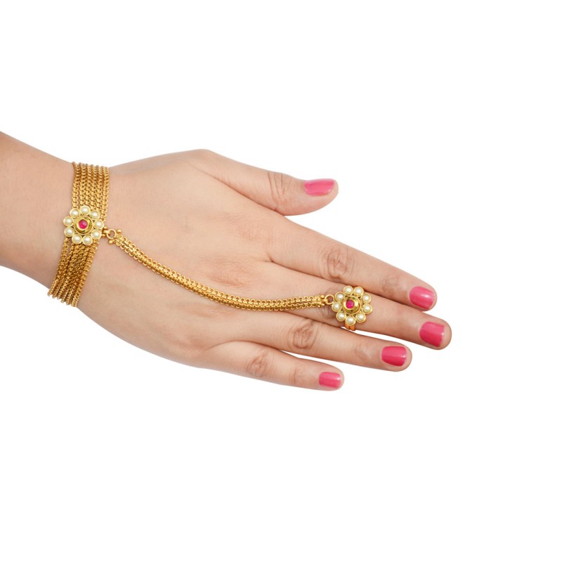 Ethnic Gold Plated Pink Stone Panja Hath Phool 