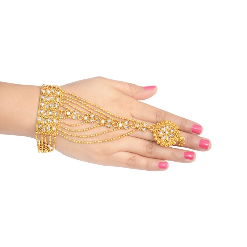 Ethnic Gold Plated Stones Pair Panja Hath Phool Cuff Bracelet 