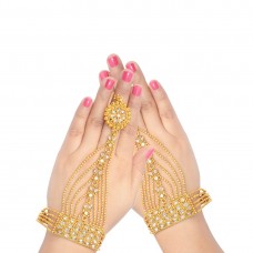 Ethnic Gold Plated Stones Pair Panja Hath Phool Cuff Bracelet 