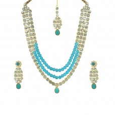 Designer Necklace, Earring & Maang Tikka Set For Women In Sea Blue Color