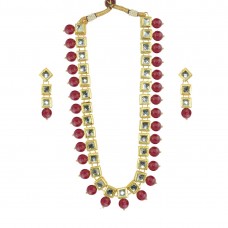 Designer Necklace Set With Golden Kundan And Maroon Pearls