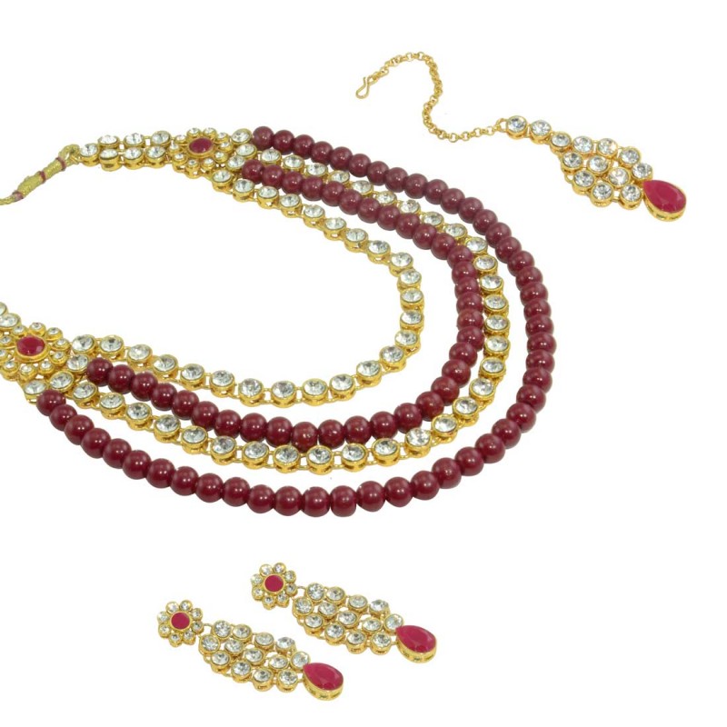 Designer Necklace Set With Earrings For Women In Maroon Color